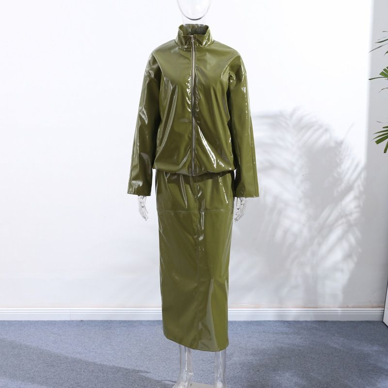 Hochglänzendes PU-Lederjacken- und Rockset, Stehkragen-Biker-Outfit mit Reißverschluss, Streetwear-Zweiteiler (Rot/Grün/Braun, S/M/L)_voghion.com