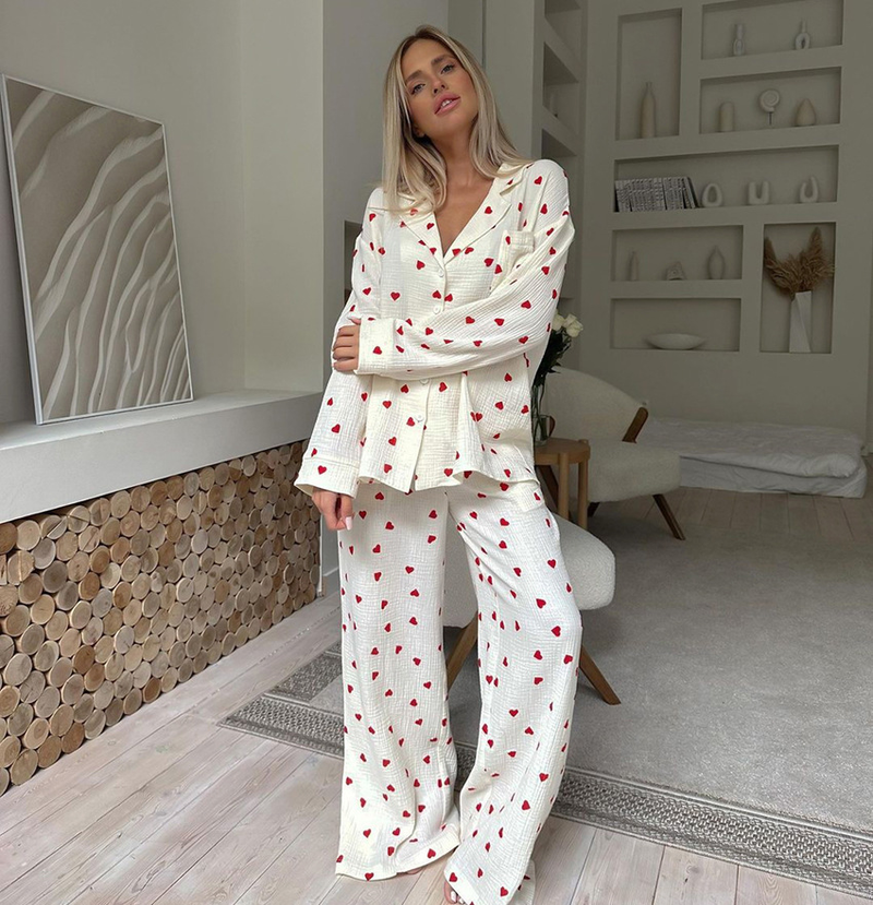Zweiteiliges Pyjama-Set aus reiner Baumwolle mit Love-Print für Damen, lockere, langärmlige Hosen und Pyjamas_voghion.com