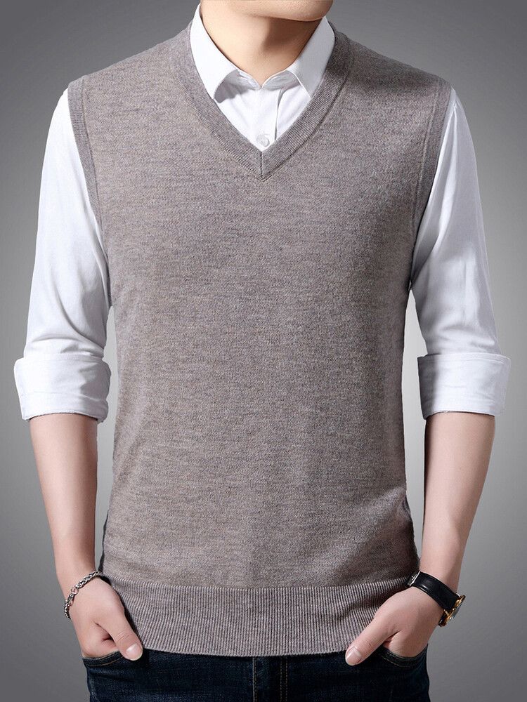 Spring And Autumn Wool Solid Color For Middle-aged Men, High-end V-neck Knitted Sweater, Warm Sleeveless Vest_voghion.com