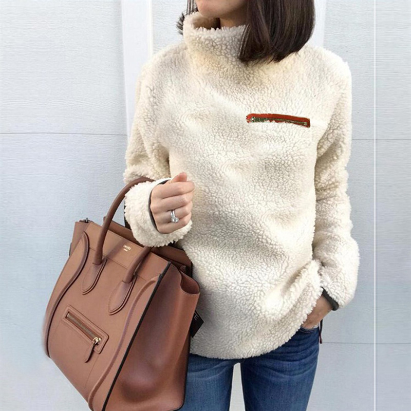 Women's fleece solid color pullover fashion zipper turtleneck bottom hoodie_voghion.com