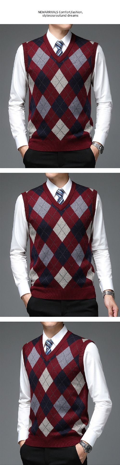 Herrenbekleidung Ärmelloser Pullover mit V-Ausschnitt und Wollweste Ärmelloser Pullover für Väter mittleren und älteren Alters Warme Pulloverweste Modisch_voghion.com