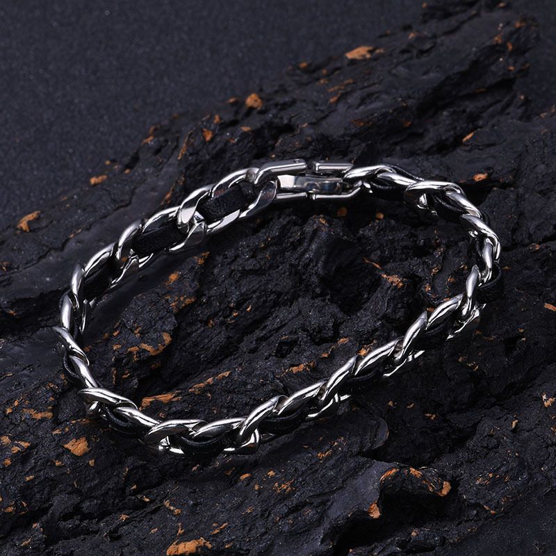 Herrenschmuck Trendy Hip Hop Style Geflochtenes Lederarmband aus Titanstahl Nischendesign High-End-Schmuck_voghion.com
