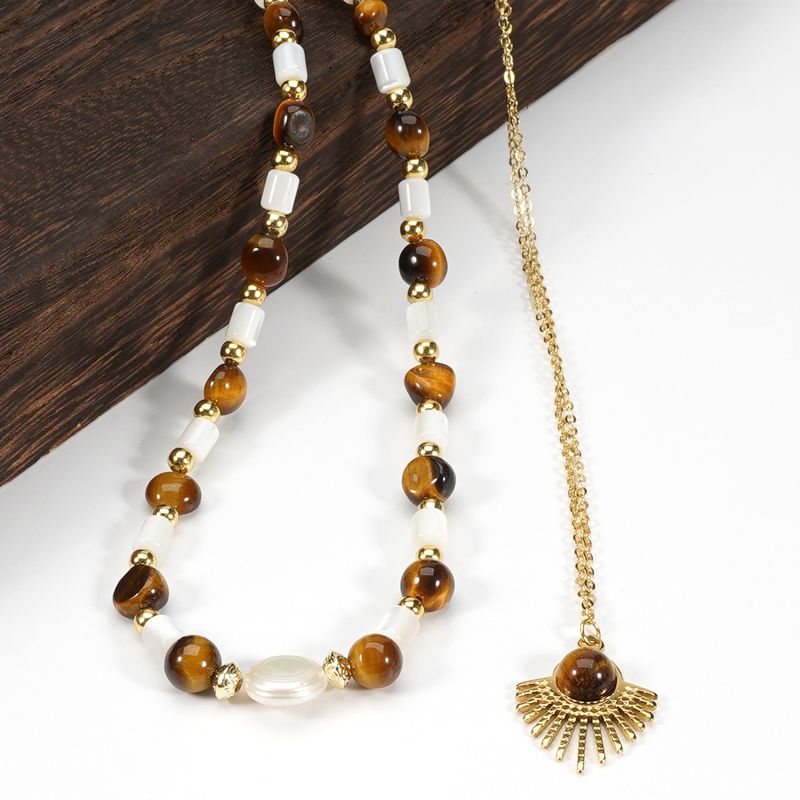 Corrente de ouro 14K Pérola de água doce Concha Olho de tigre Pedra natural Colar de pedra Corrente de clavícula_voghion.com