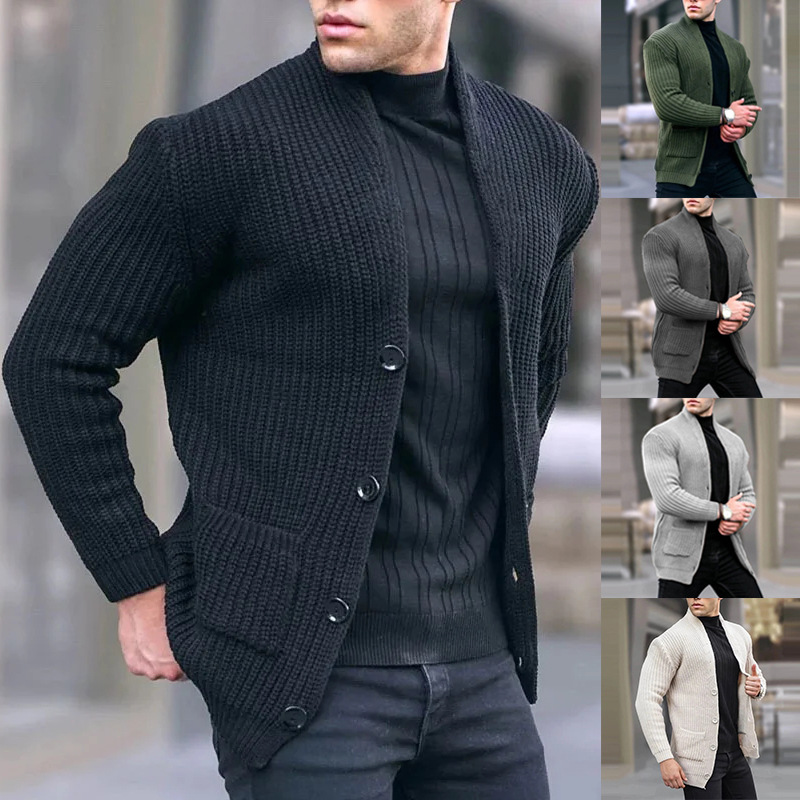 Herreklær Europeisk og amerikansk motekardigan Langermet løs ensfarget lommeknapp Slim fit Herregenser for høst og vinter_voghion.com