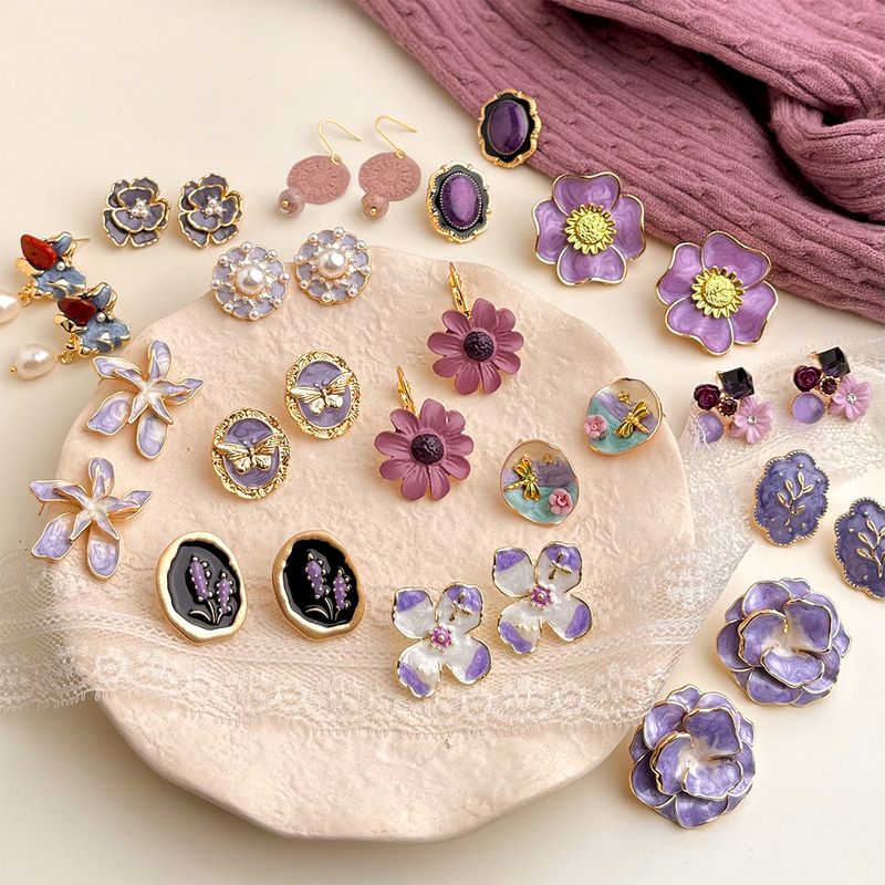 Orecchini pendenti vintage viola a forma di olio, orecchini a bottone con fiori dolci e femminili_voghion.com