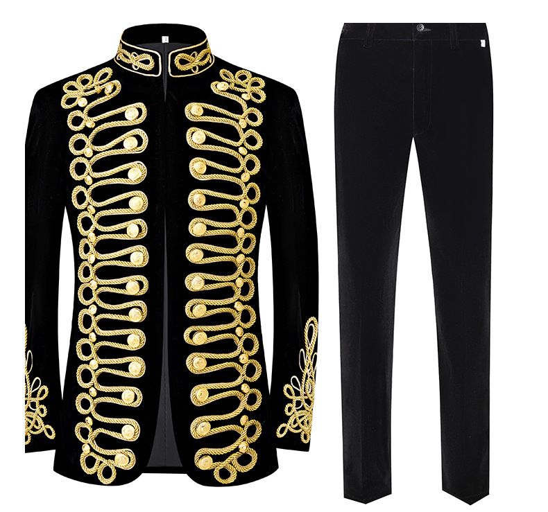 Rochie de palat pentru bărbați, rochie militară retro aristocratică, jachetă cu frânghie aurie, neagră, încrustată cu fir de aur, costum de performanță în scenă_voghion.com