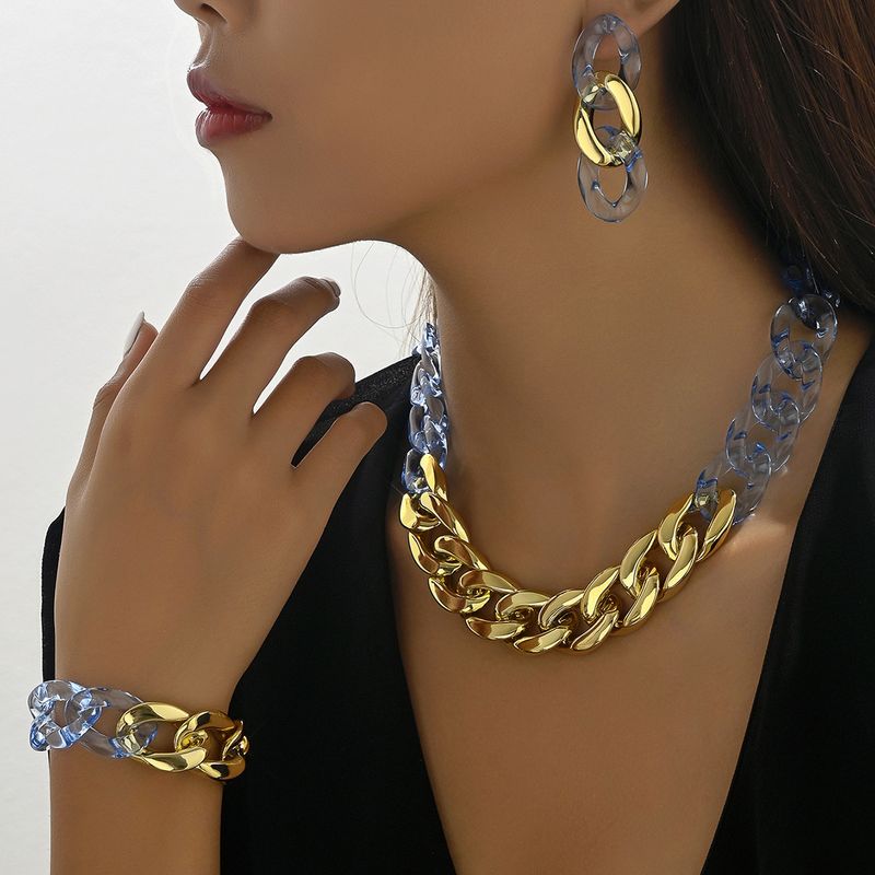Schlichte, übertriebene, transparente Halskette aus Acryl, Armband, Ohrringe, modisches 3-teiliges Set, modische Hipster-Hip-Hop-Accessoires_voghion.com