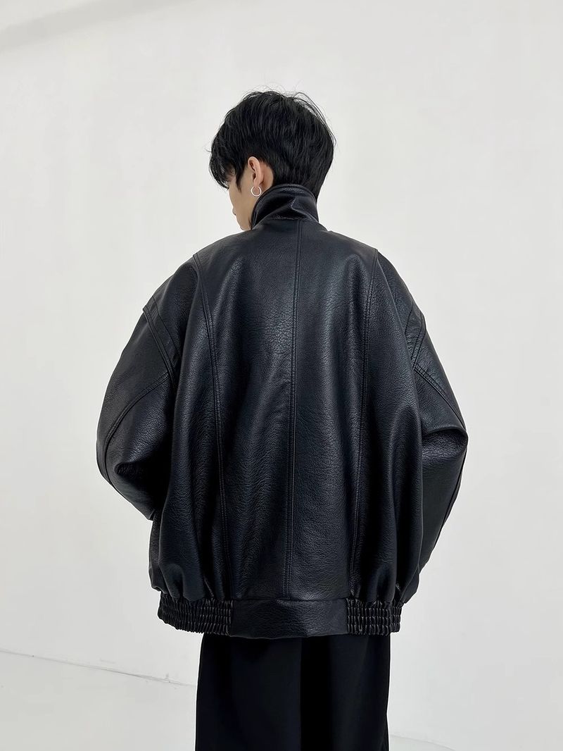 Herren Vintage Bikerjacke - Retro Bomberjacke aus PU-Leder mit geripptem Saum und Reißverschluss (Schwarz, M-3XL)_voghion.com