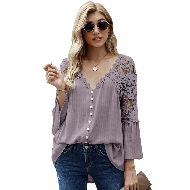 Damen locker grouss Gréisst Spitzenhemd Damen laangärmlech einfarweg déif V-förmlech Pullover Chiffonhemd Fabrécksdirektverkaaf_voghion.com