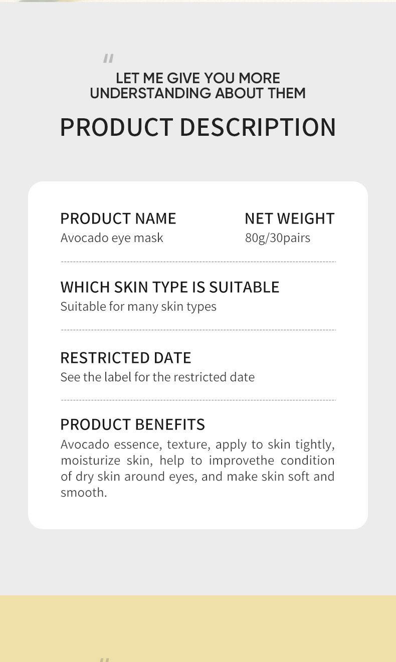 ZOZU Gold Avocado Augenmaske 80 g (60 Aufkleber/30 Paar) Feuchtigkeitsspendender Augenkomfort_voghion.com