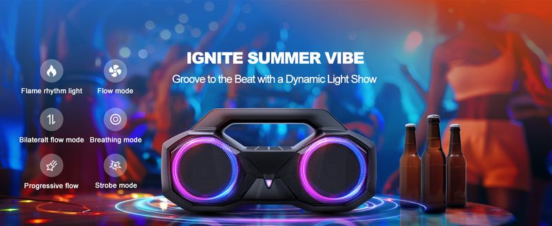 Bluetooth-Lautsprecher, 80 W, laut mit Bass, 20 Stunden Spielzeit, IPX7 wasserdicht, RGB-Lichter, TWS, kabellose Lautsprecher, für draußen, zu Hause, für Partys, am Pool, am Strand, beim Tailgating, im Fitnessstudio, als Geschenk_voghion.com