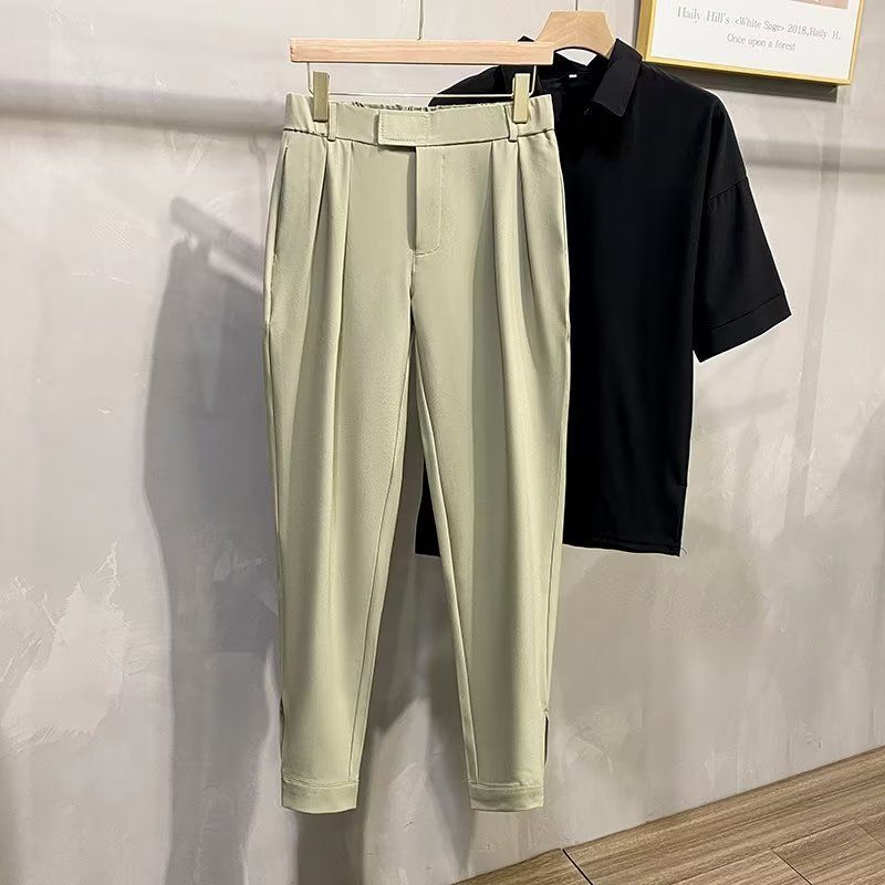 Pendentif sentiment petit pantalon de costume jambe droite pour hommes version coréenne minimaliste coupe slim pantalon de costume haut de gamme avec taille semi-élastique effilée longue_voghion.com