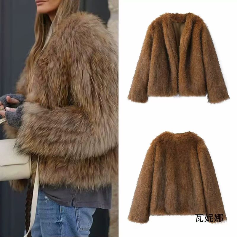 Women's Clothing Winter Faux Fox Fur V-Neck Cardigan With Black Tips – Short Sleeve Elegant Streetwear (Sizes S/M/L)_voghion.com