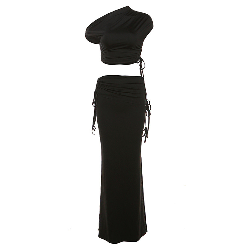 2023 Kış Yeni Moda Kadın Asimetrik Omuz Kısa Kırpılmış Üst Slim Fit Vücuda Oturan Etek Takımı_voghion.com