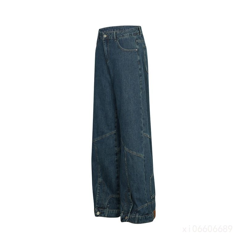 Jeans vintage alla moda, stile High Street americano, a gamba larga, con design casual, effetto rovesciato, orlo abbottonato, gamba dritta_voghion.com