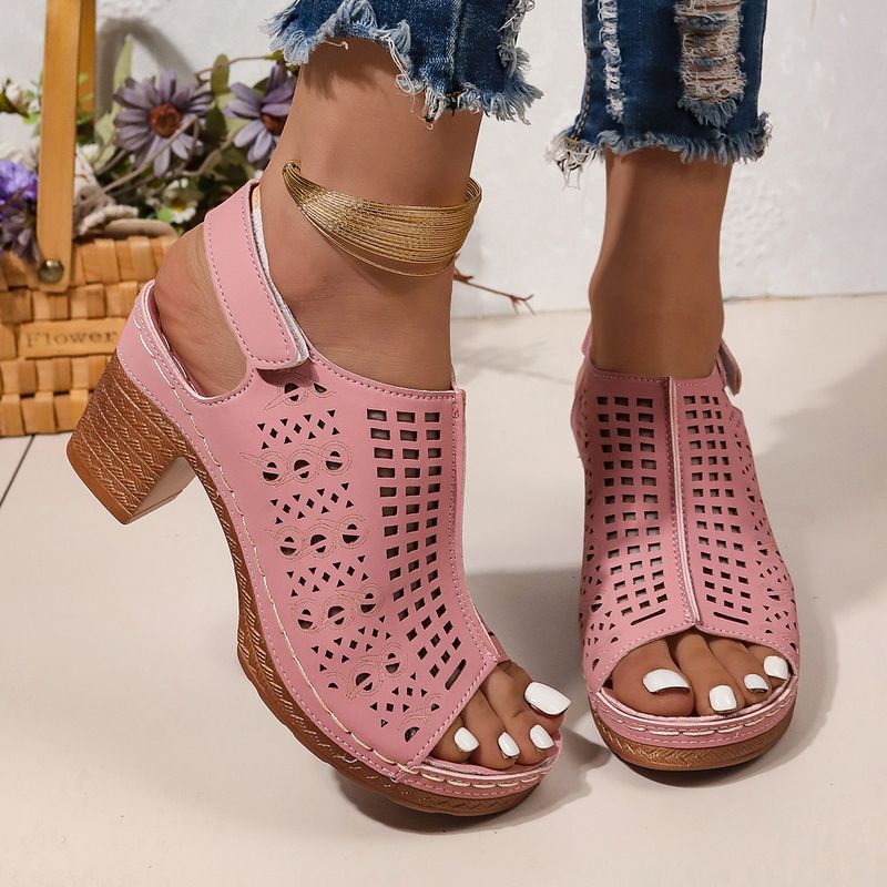 Vintage women's shoes fish mouth open toe hollowed out chunky high-heeled sandals_voghion.com