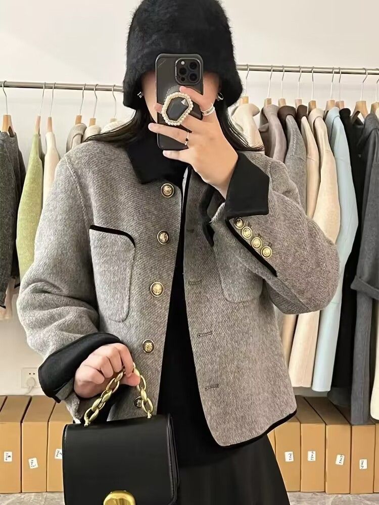 Kurzer Wollmantel für Damen – modische Oberbekleidung für Herbst und Winter, eleganter Blazer mit lockerer Passform, lässig-schickes Design, passt in kleine Größen, Grau und Beige_voghion.com