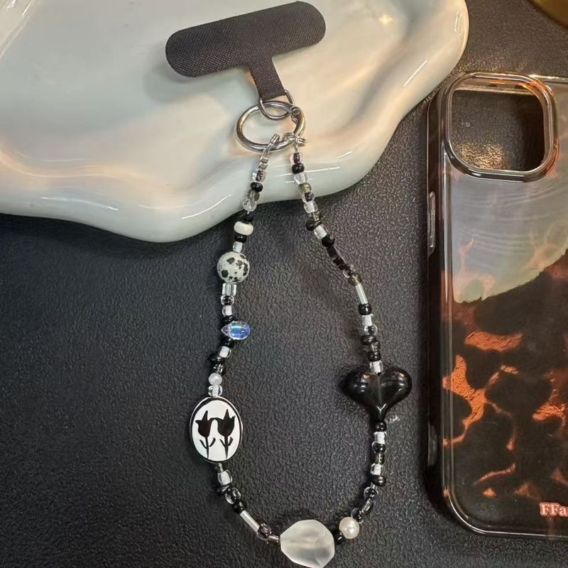 Korean New Sweet And Cool Black Love Keychain Niche Texture Beaded Pendant Mobile Phone Case Pendant Short_voghion.com