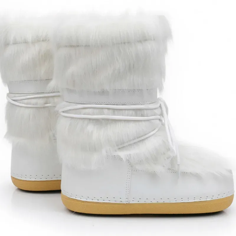 Schuhe von besserer Qualität 2024 Neue Winterpelz-Schnee-Frauen-Ski-flauschige haarige Schnürung mit mittlerer Wadenplattform flach mit weißen Baumwollstiefeln_voghion.com