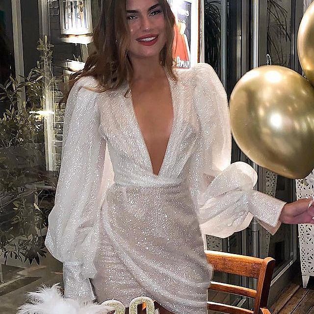 2025 New Women's Sexy Shiny V-neck Bodycon Evening Dress_voghion.com