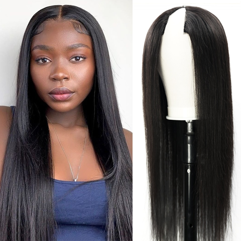 Venta caliente 30 34 pulgadas recta V No dejar fuera pelucas de cabello humano Remy peruano sin pegamento fino para mujeres peluca con parte U_voghion.com