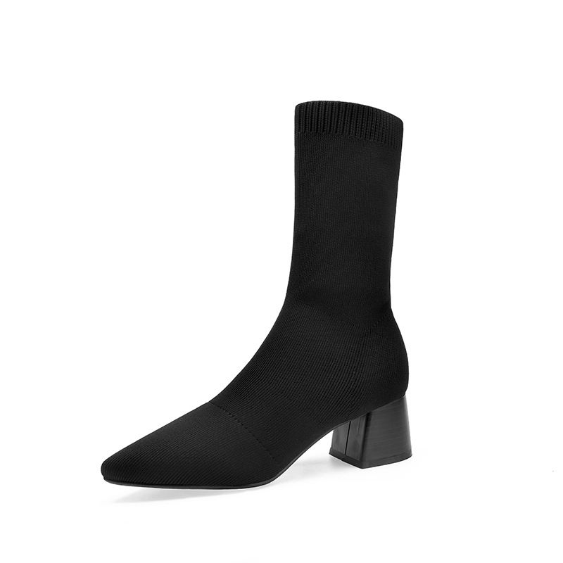 Spitzschuh Gestrickt Slim Fly Knit Elastische Socke Chunky Heel Kurze Stiefel Frauen 2025 Herbst Winter Große Größe Schwarz frauen_voghion.com