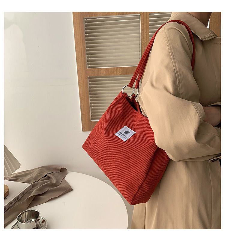 Canvas Bag Women's One-shoulder Korean-style ins Vintage Simple Artistic Corduroy Laid-back Style Large Capacity Portable Shopping Bag_voghion.com