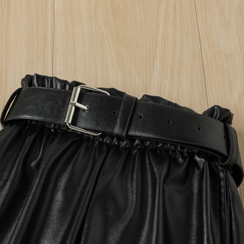 Mutter Kinder Mädchen Beflockung Polka Dot Puff Sleeve Stitching Top Gürtel Lederhose Anzug_voghion.com