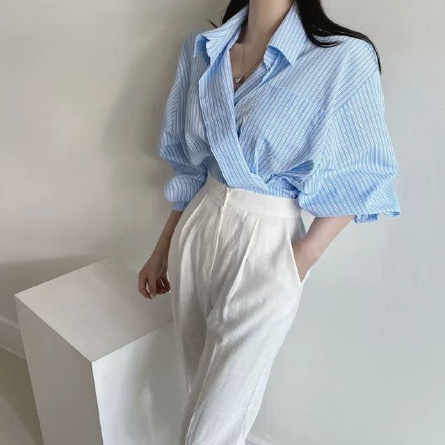 2024 Spring and Autumn New Korean Chic Gentle Striped White Collar Single breasted Loose Casual Long Sleeve Shirt_voghion.com
