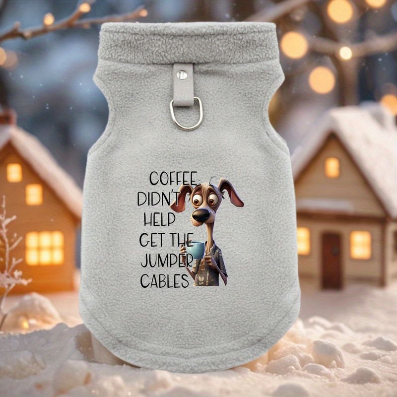 GOODVERYWinter Dog Coat Jacket - Soft Grey Pet Vest With Funny "Coffee Help Jump Cables" Graphic, Warm Fleece Clothing For French Bulldog,_voghion.com