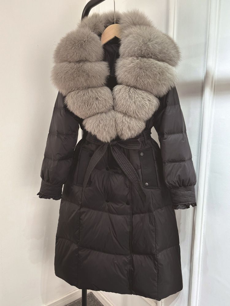 Casaco de plumas estilo trench com gola de pele de raposa – Jaqueta de inverno com cinto para mulheres (cáqui/branco/cinza, P-GG)_voghion.com