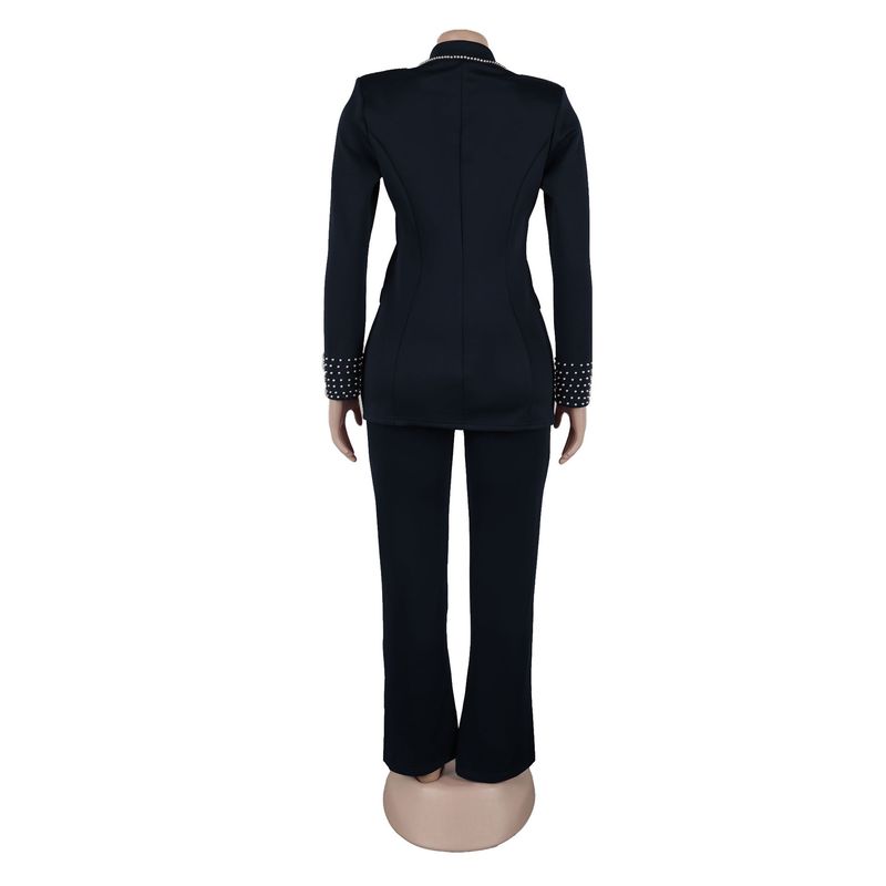 Traje de dos piezas ajustado de manga larga con perlas para mujer_voghion.com