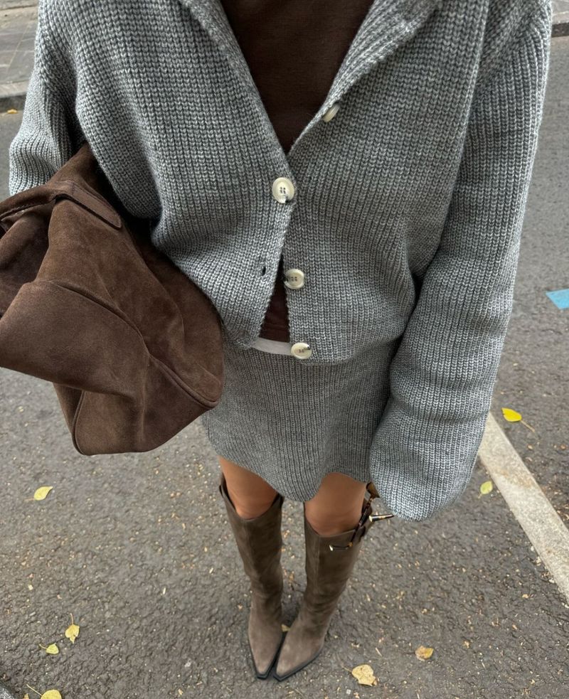 Trendy Rib-Knit Sweater Dress Set With Flared Sleeves & Notched Collar - Autumn/Winter Matching Outfit (Grey/Ivory/Angora Red/Brown)_voghion.com