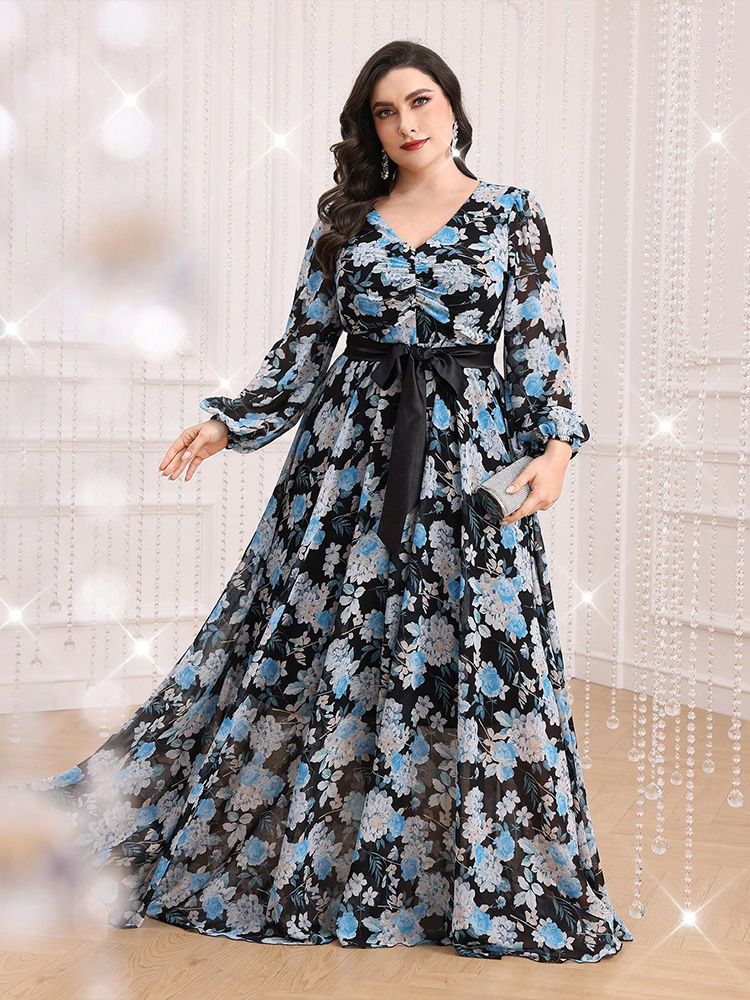 Vestido longo elegante de chiffon com decote em V, tamanho grande, com estampa floral e cinto para convidadas de casamento ou ocasiões formais_voghion.com