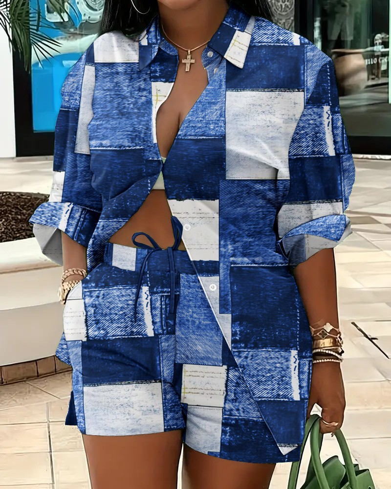 Women's Printed Suit Lapel Shirt Shorts Two-piece Set Long-sleeved Printed Button Lace-up Shorts Two-piece Set_voghion.com
