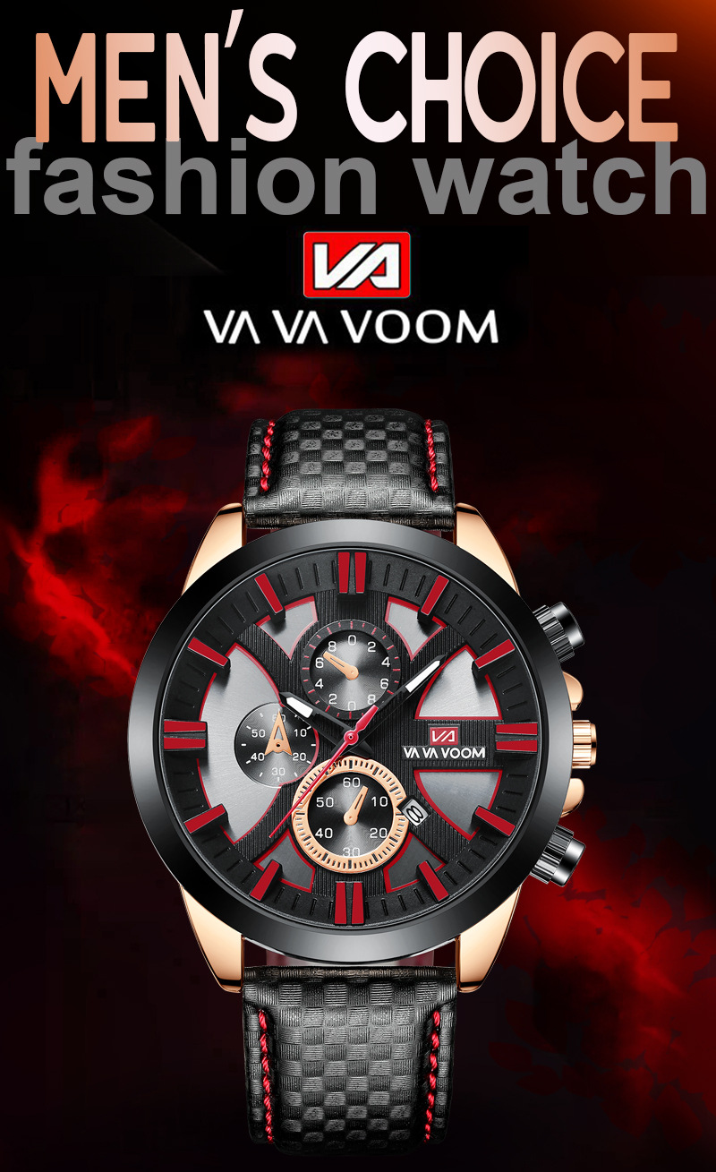 VA VOOM Waterdicht Multifunctioneel Zes-pins Kalender Sport Herenhorloge met Leren Band_voghion.com
