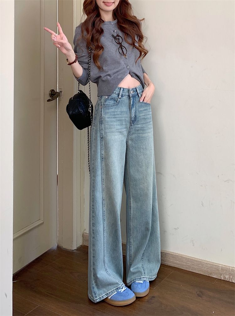 Weite Jeans im Frühlingsstil für Damen, neue hoch taillierte, gerade Beine mit hängendem Griff, bodenlange Hose_voghion.com