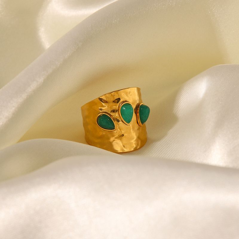 Instagram French niche design titanium with three irregular green natural stones exaggerated ring, stainless steel ring_voghion.com