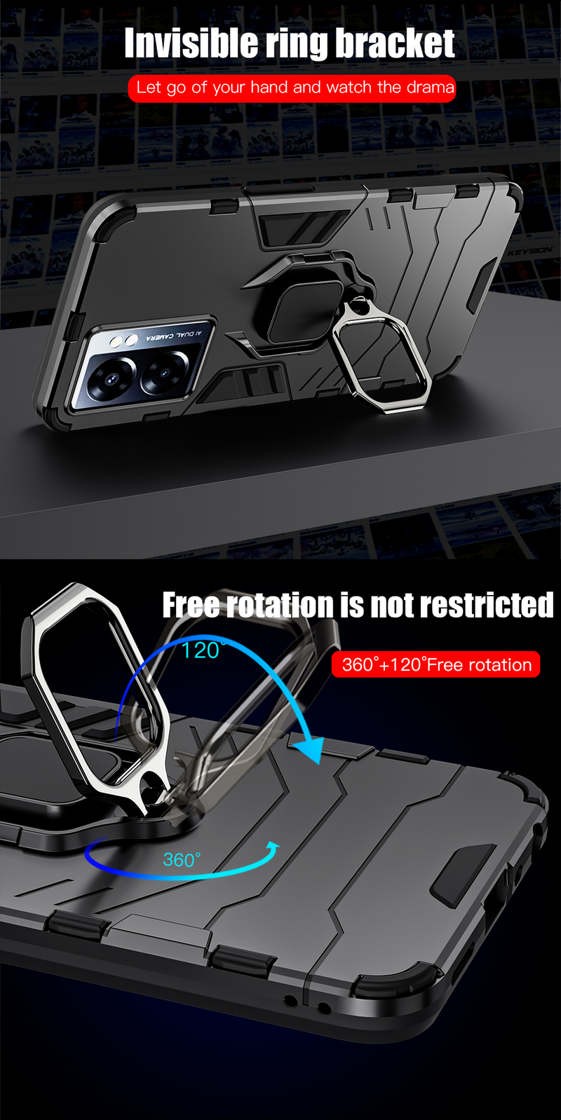 Custodia antiurto KEYSION per OPPO A77 5G A57 4G Custodia posteriore in silicone + PC con supporto ad anello in metallo per Realme V23 5G Q5i_voghion.com