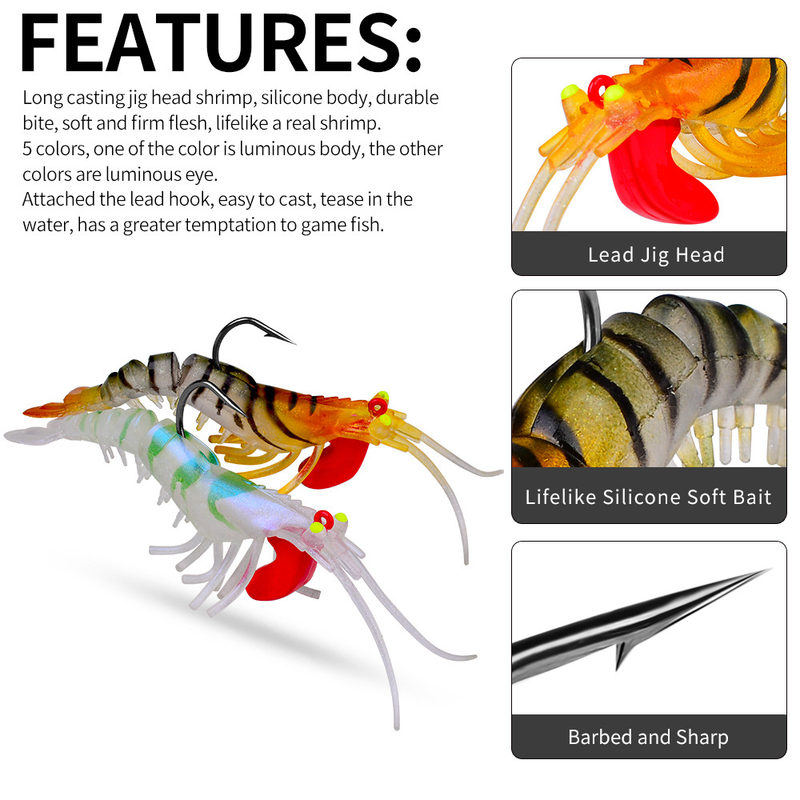 Leurre de pêche à la crevette avec hameçon lumineux à cinq sections cassées et plombées_voghion.com