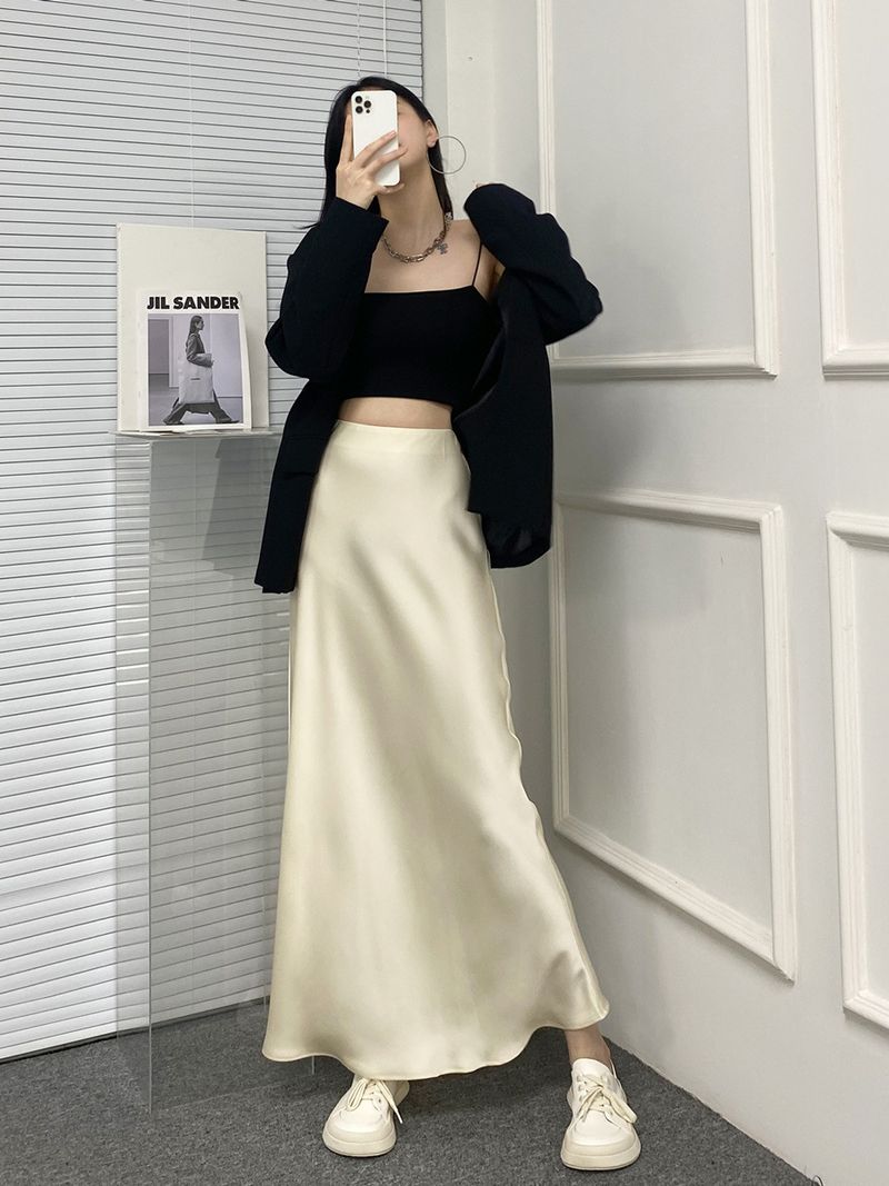 2024 Summer New Luxury High Waist Slim Satin Smooth French Fishtail Wrap Hip Long Half Skirt Children's_voghion.com