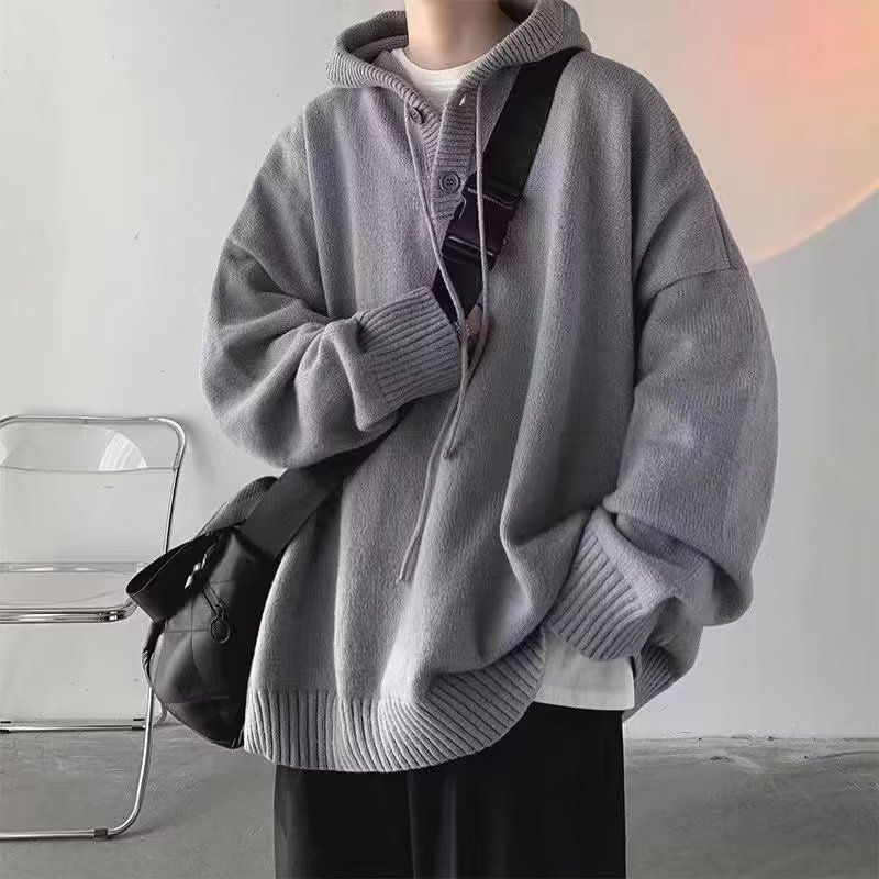 Maglione con cappuccio da uomo, stile coreano, stile pigro, versatile maglione lavorato a maglia alla moda per autunno e inverno_voghion.com