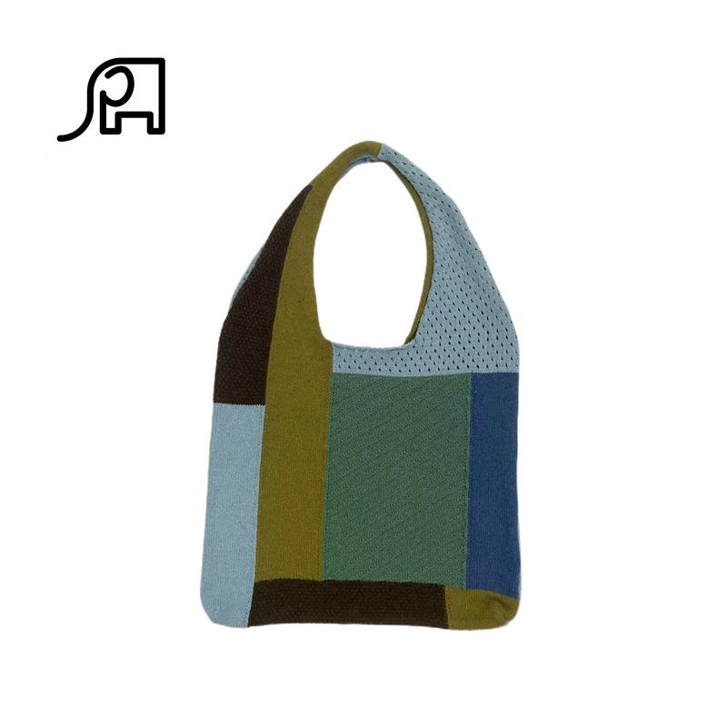 2024 New Hot Selling Simple Retro Splicing Knitted Handheld Shoulder Bag Knitted Bag Versatile Big Bag For Women_voghion.com