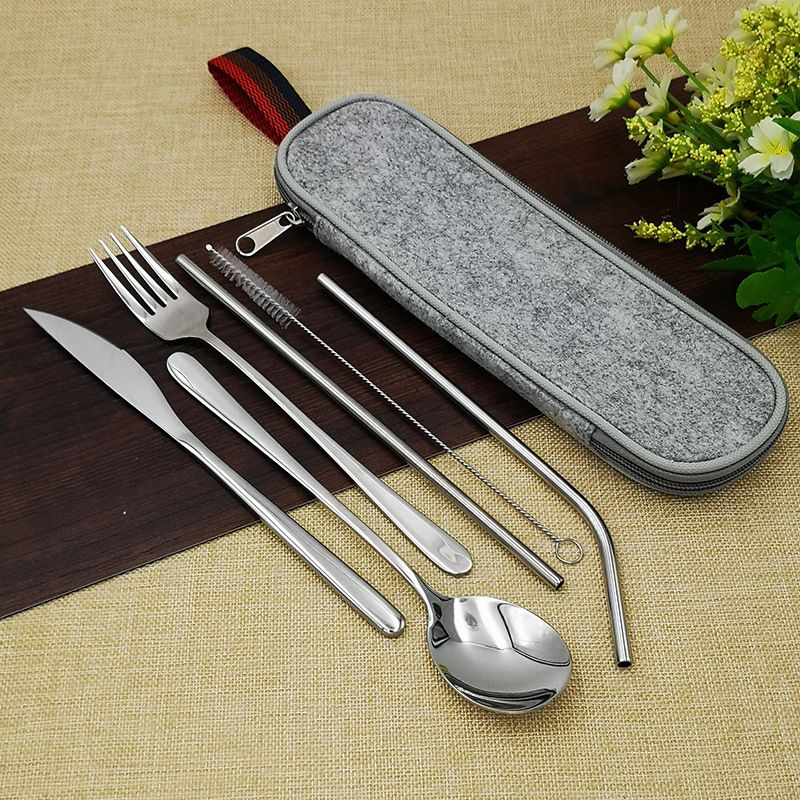 Stainless Steel Knife, Fork, Spoon, Chopsticks Set Outdoor Picnic Portable Tableware Spoon, Chopstick Straw Storage Bag_voghion.com