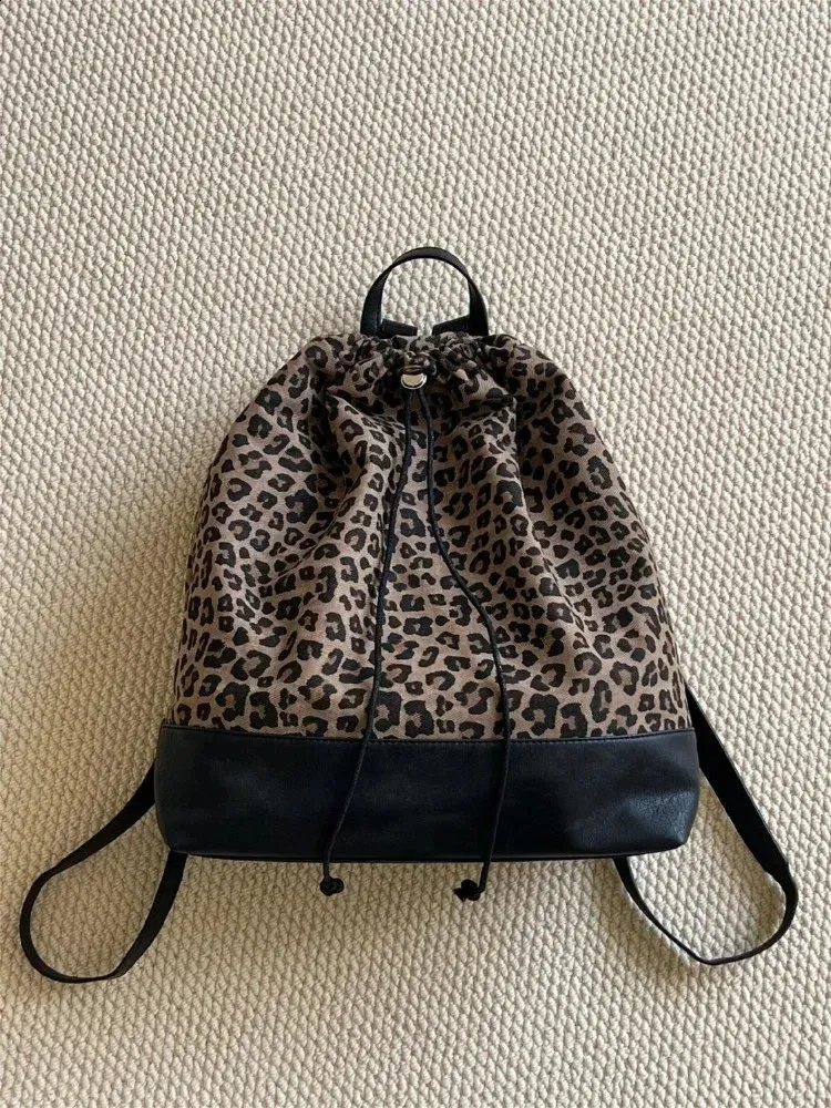 Fashion Y2k Womens Casual Street Leopard Print Drawstring Bag Large Capacity Rucksack Bolsos De Mujer 240829_voghion.com