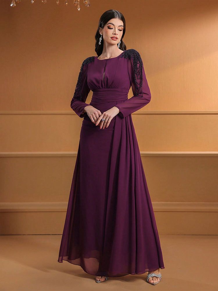 Women's Elegant Floral Embroidered Chiffon Maxi Dress With Lantern Sleeves – High Waist A-Line Party Gown For Evening, Wedding & Office (Purple)_voghion.com