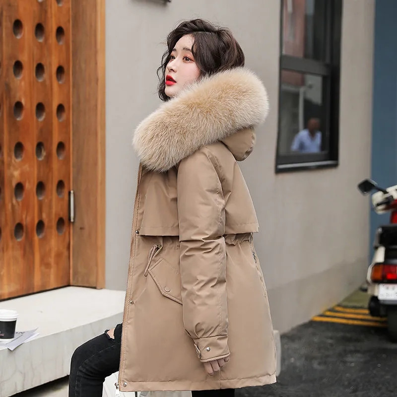 Parka con capucha para mujer, abrigo largo a la moda con forro de lana, Parkas ajustadas con Cuello de piel, ropa cálida para la nieve acolchada, novedad de 2023_voghion.com