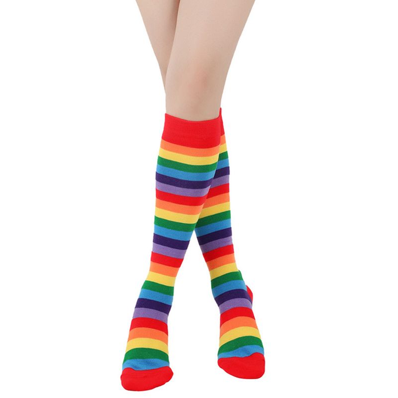 Unisex Kleurrijke gestreepte kniekousen Dames katoenen sokken Heren mid-tube sokken Vakantiefeest regenboog kuitsokken_voghion.com