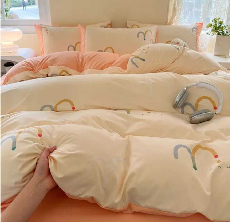 Set di tre pezzi di biancheria da letto per dormitorio a quattro molle di classe A, lenzuolo e copripiumino stampati con cartoni animati minimalisti_voghion.com