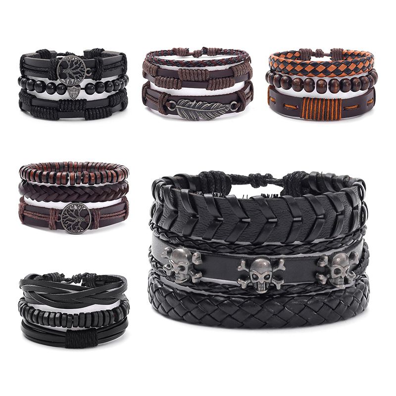 Bracciale unisex in pelle nera con teschio fatto a mano fai da te da uomo_voghion.com
